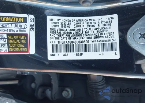 2008 Honda Civic Ex из США, поврежденный, VIN 1HGFA16848L030690